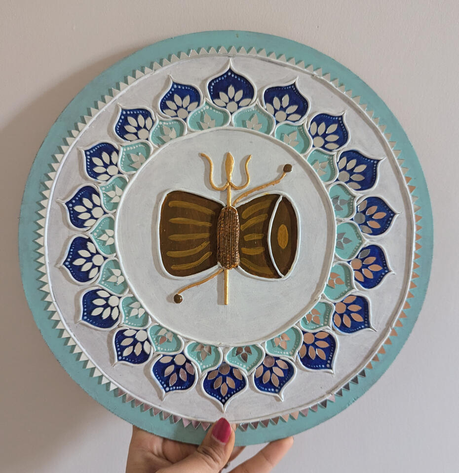 Custom damru shivji lippan with moulded clay and mirrors on MDF board for ethnic home decor