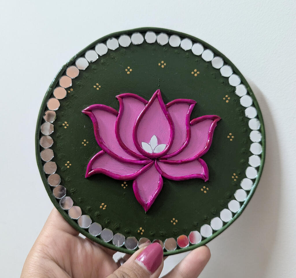 Green pink lotus desk piece handcrafted lippan with mould clay art with mirror work on MDF board for traditional ethnic home decor desk table