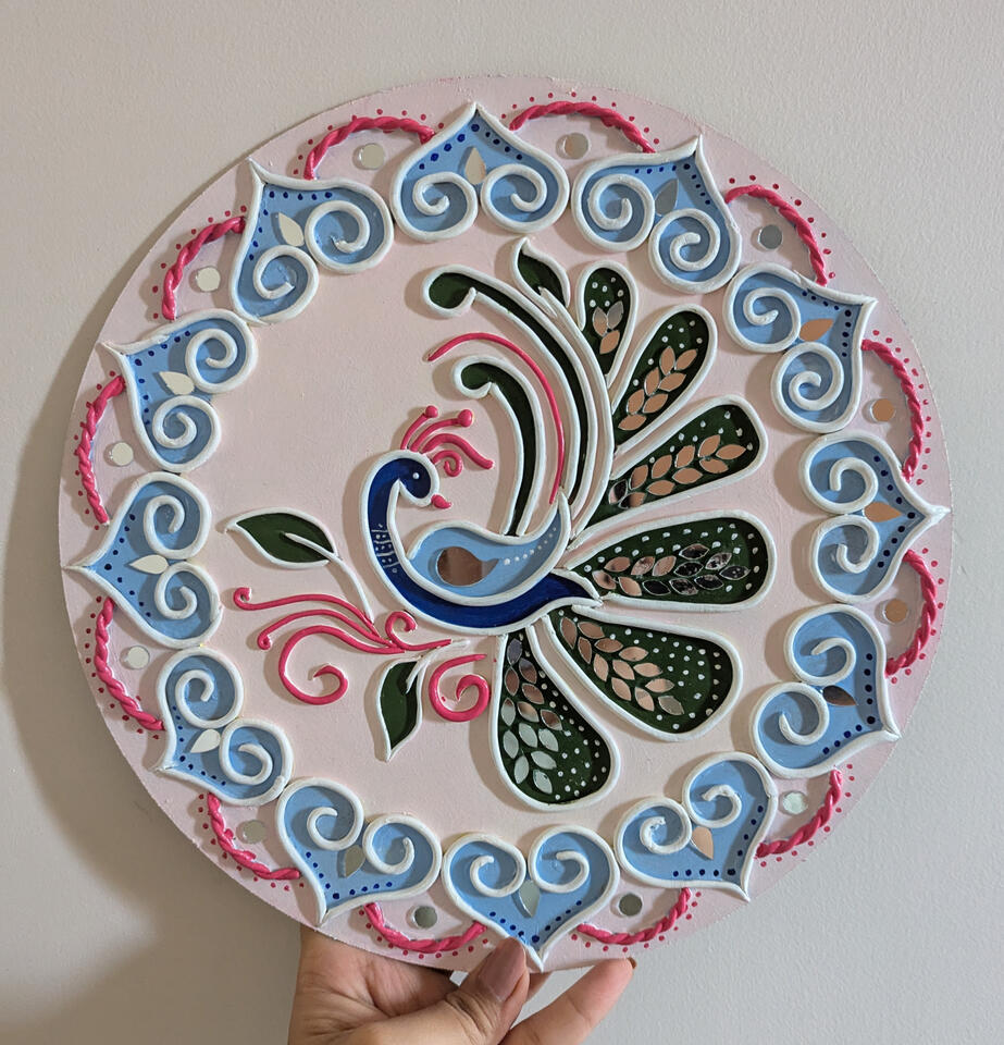Custom peacock lippan with mould clay and mirrors on MDF board for ethnic home decor