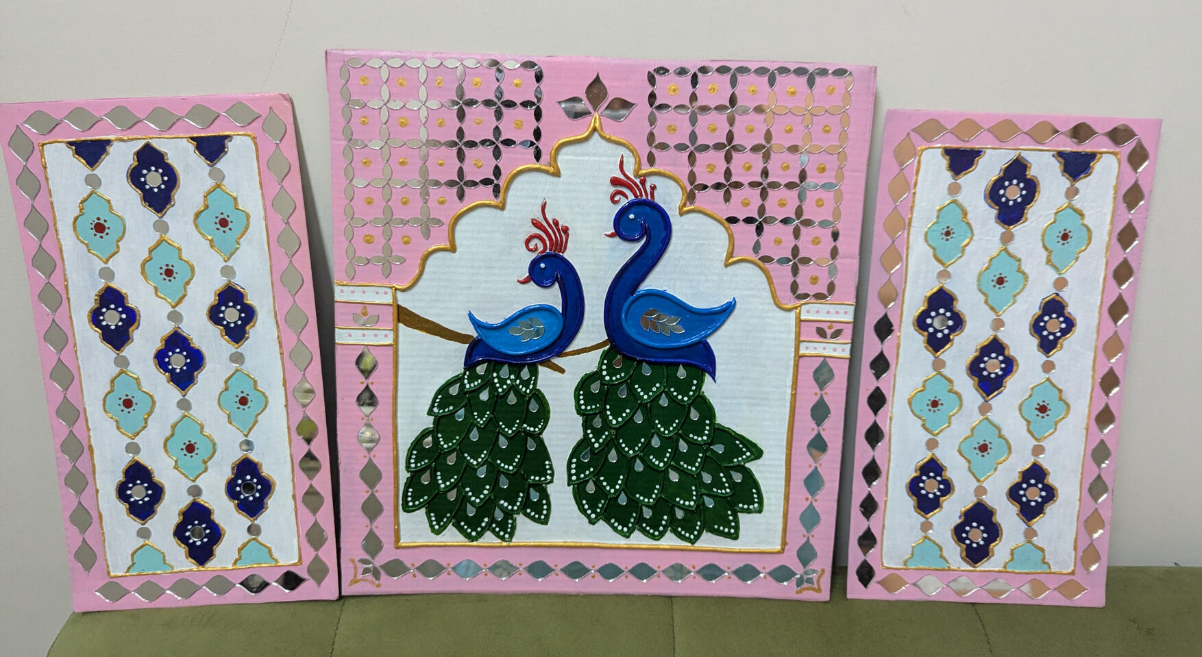 Pink peacock with side panels handcrafted lippan with mould clay and mirror art on MDF board for traditional ethnic home decor